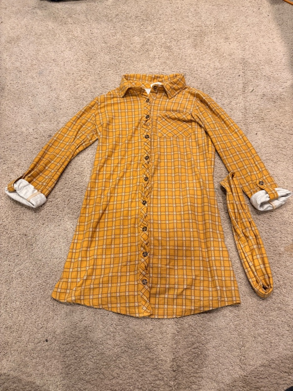 Ultra Flirt Mustard Plaid Button-Front Mini Shirt Dress